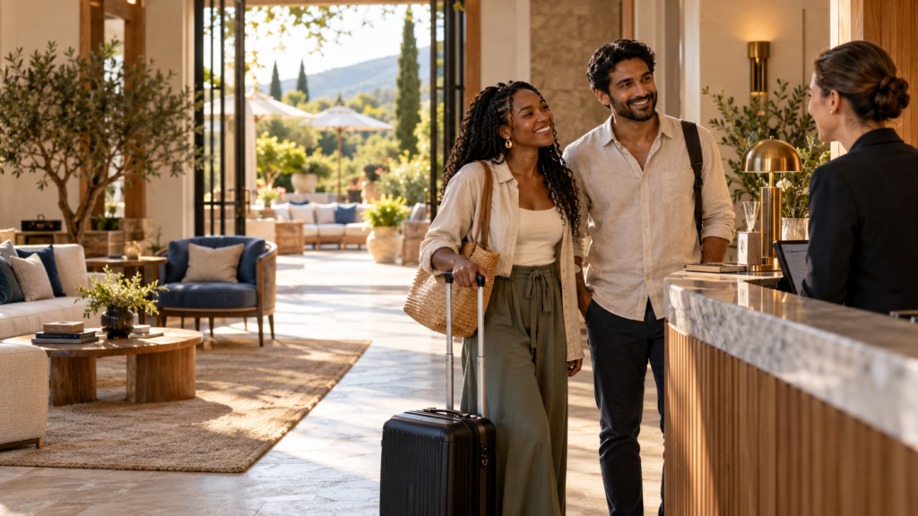 Two travelers with a suitcase receive a warm welcome at a boutique hotel reception overlooking a garden terrace.